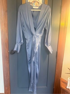 Astr Blue Satin Wrap Maxi Dress